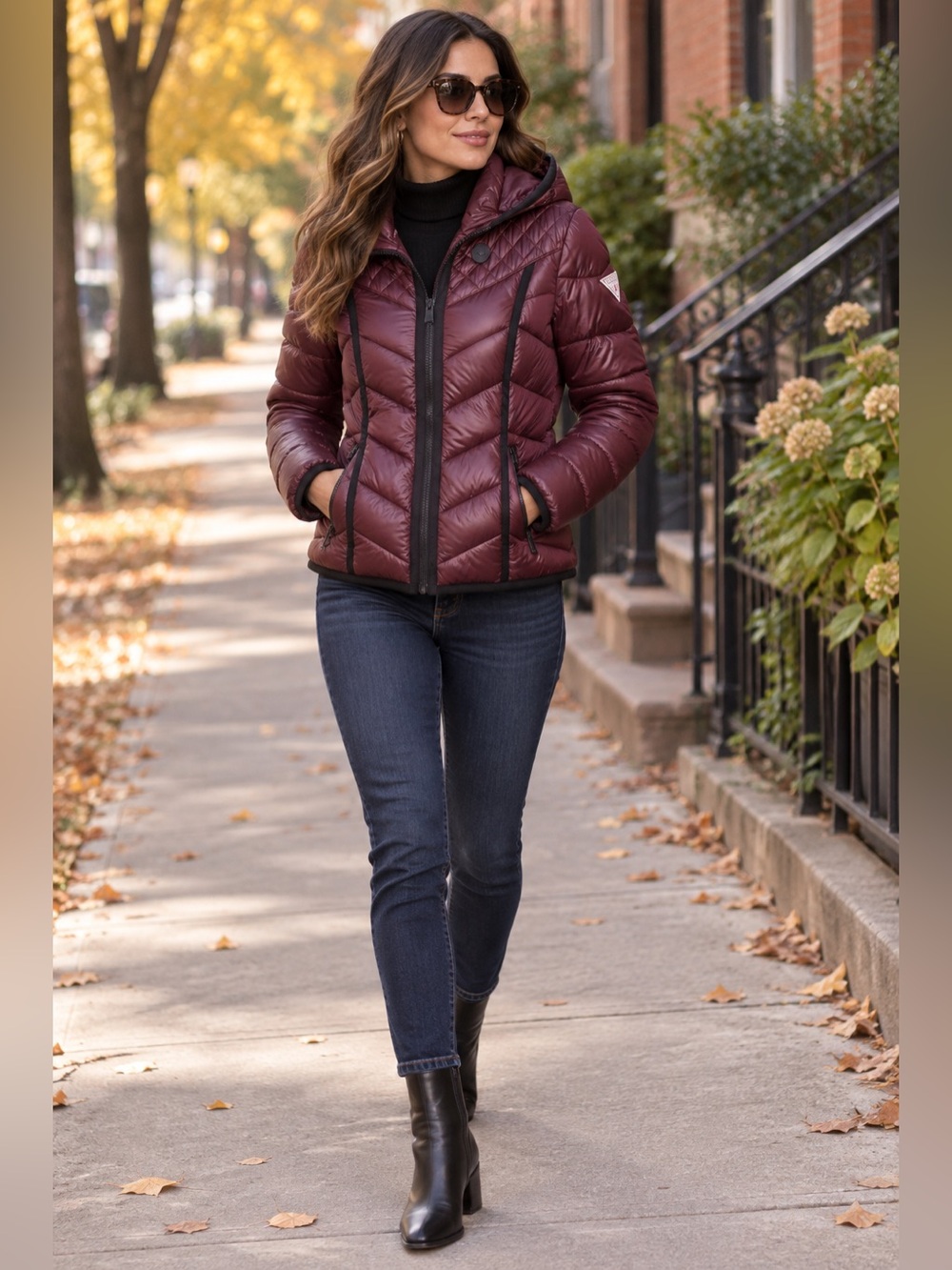 GUESS Burgundy Puffer Jacket Womens L Hooded Quilted Chevron Winter Coat
